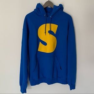 Blue hoodie with large yellow S print